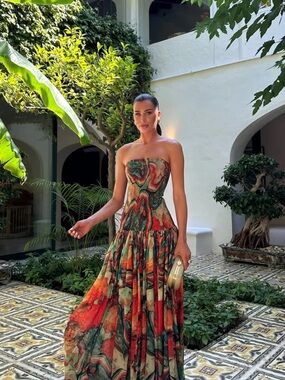 Strapless Marble-Print Maxi Dress in Red and Green